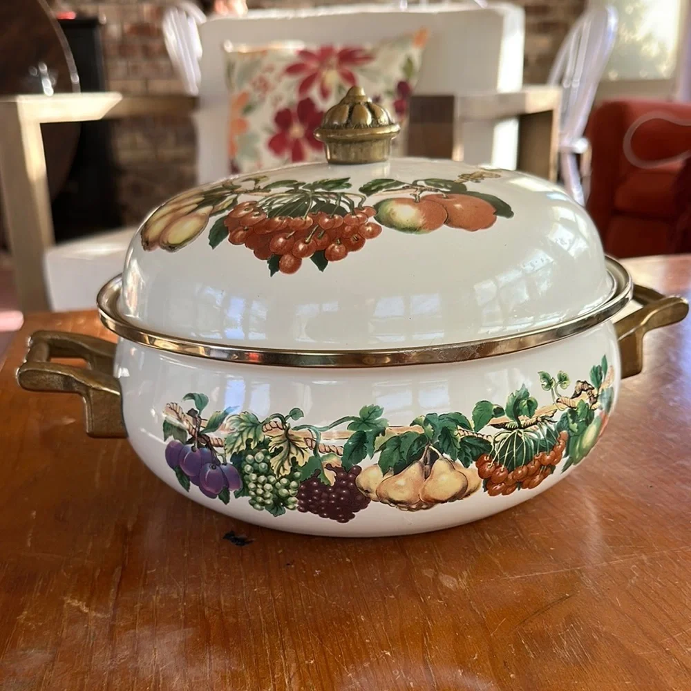 Tabletops Unlimited Vintage Fruit Design Ceramic Casserole pot with lid